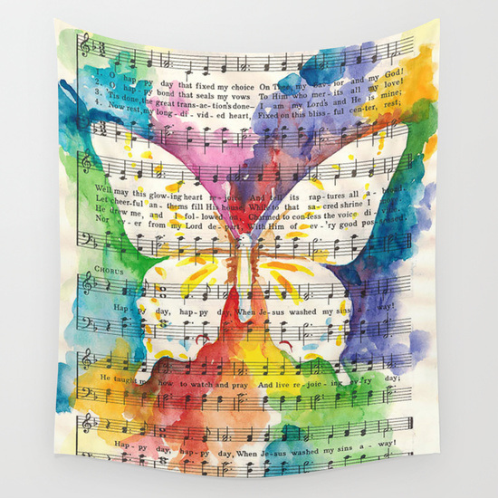 Butterfly on music sheet tapestry