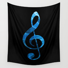 Music key in blue wall tapestry