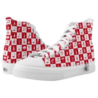 Red and white music themed high top sneakers