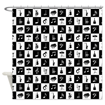Stylish black and white music themed shower curtain