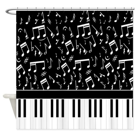 Ideal for the musician stylish black and white musical notes and piano keyboard shower curtain